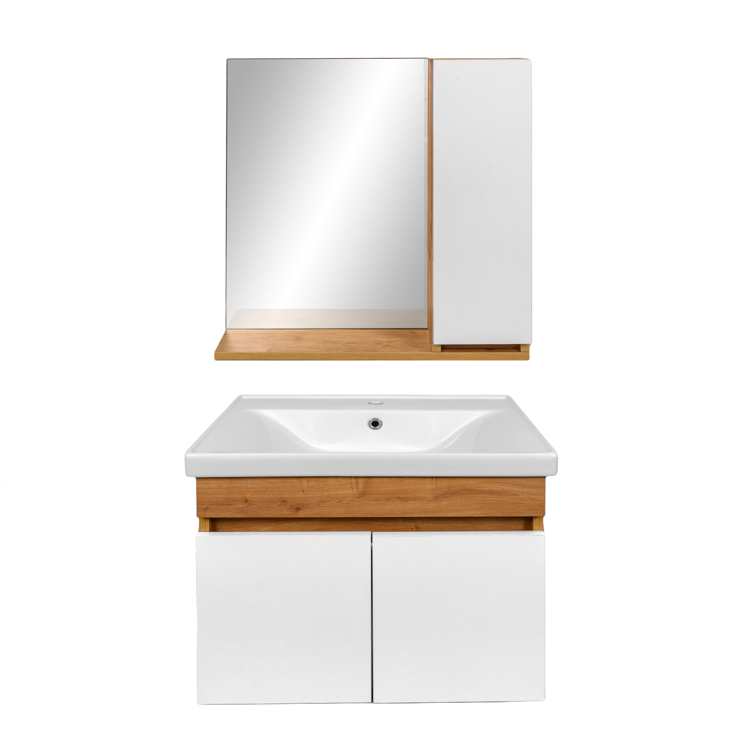 Meuble salle de bain design moderne complet SAVVA avec miroir largeur 65 cm chêne clair et blanc - LPP – Image 3