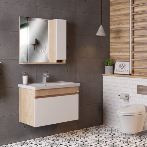 Meuble salle de bain design moderne complet SAVVA avec miroir largeur 65 cm chêne clair et blanc  - LPP