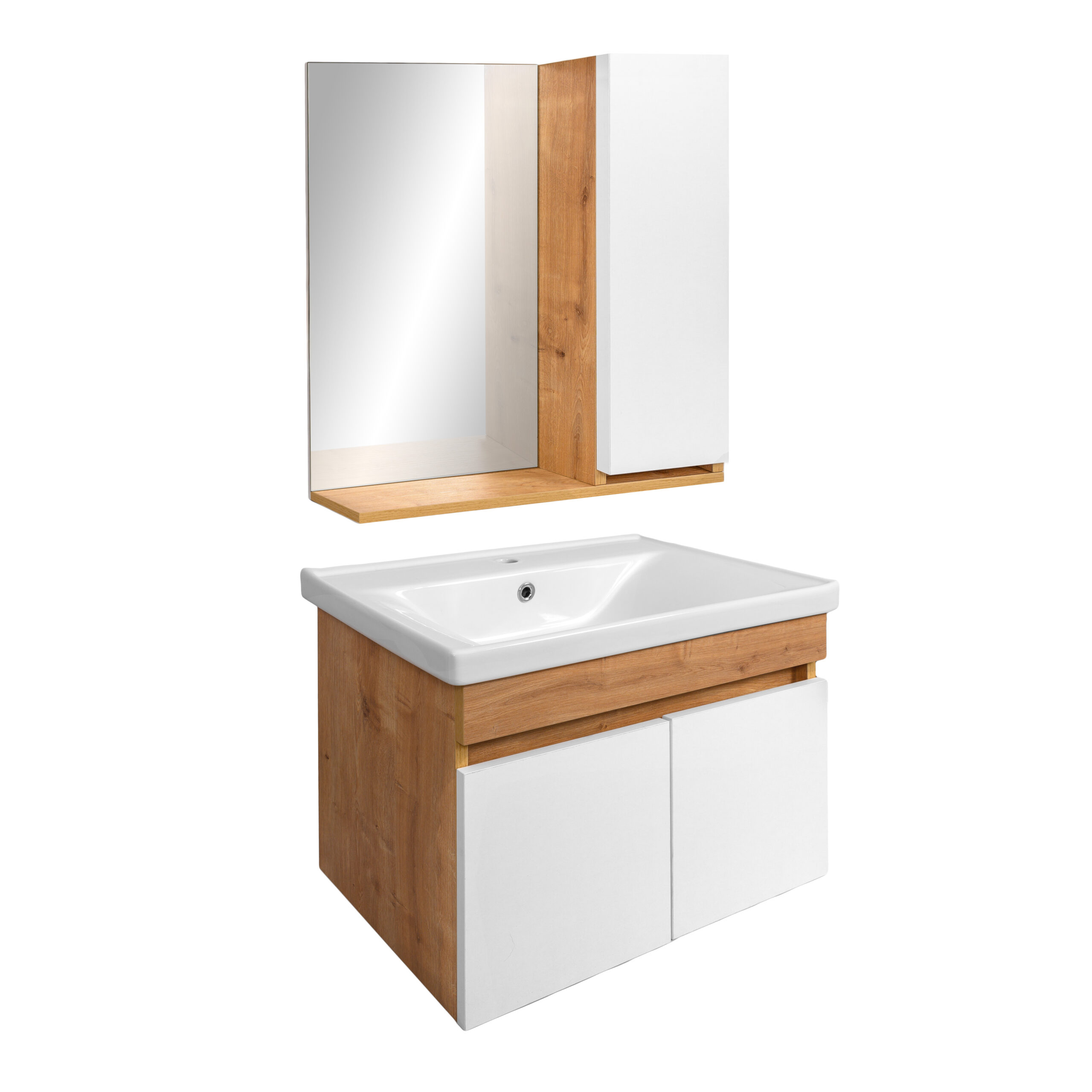 Meuble salle de bain design moderne complet SAVVA avec miroir largeur 65 cm chêne clair et blanc - LPP – Image 2
