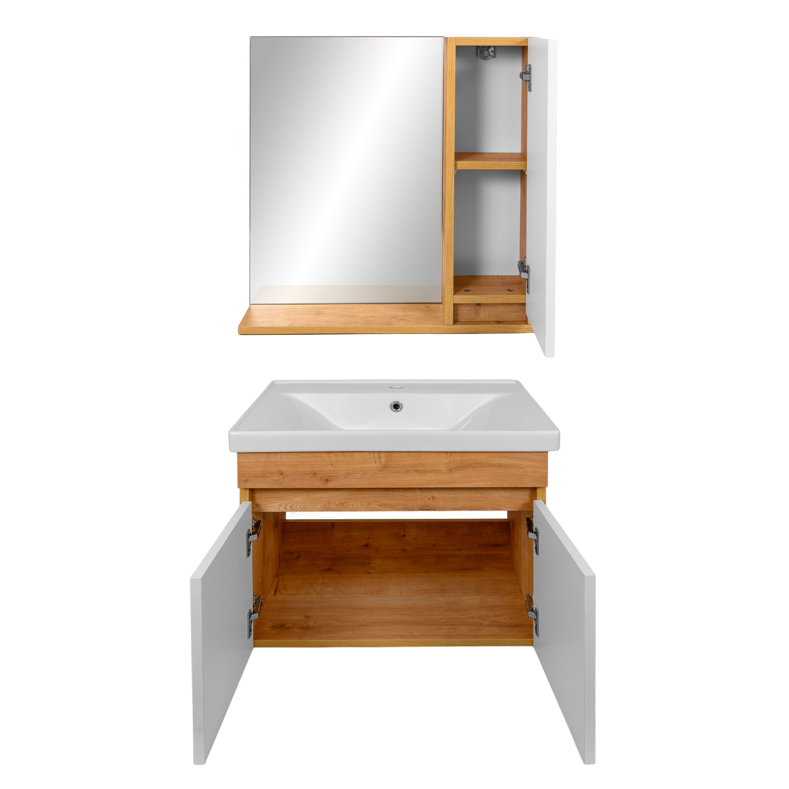 Meuble salle de bain design moderne complet SAVVA avec miroir largeur 65 cm chêne clair et blanc - LPP – Image 4