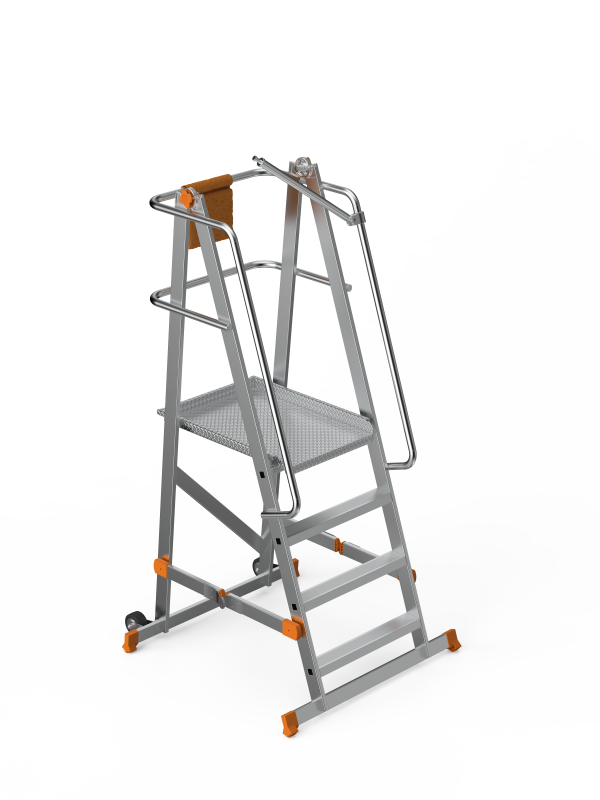 Escabeau à Plateforme roulante Pliable en Aluminium renforcé – 3 marches + Plateforme antidérapante (570 x 620 cm), H.104 cm avec Garde-Corps de sécurité – SARAYLI 8103