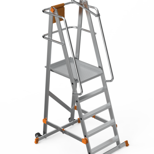 Escabeau à plateforme roulante pliable en aluminium renforcé – 4 marches + plateforme antidérapante (570 x 620 cm), H.132 cm avec garde-corps de sécurité – SARAYLI 8104