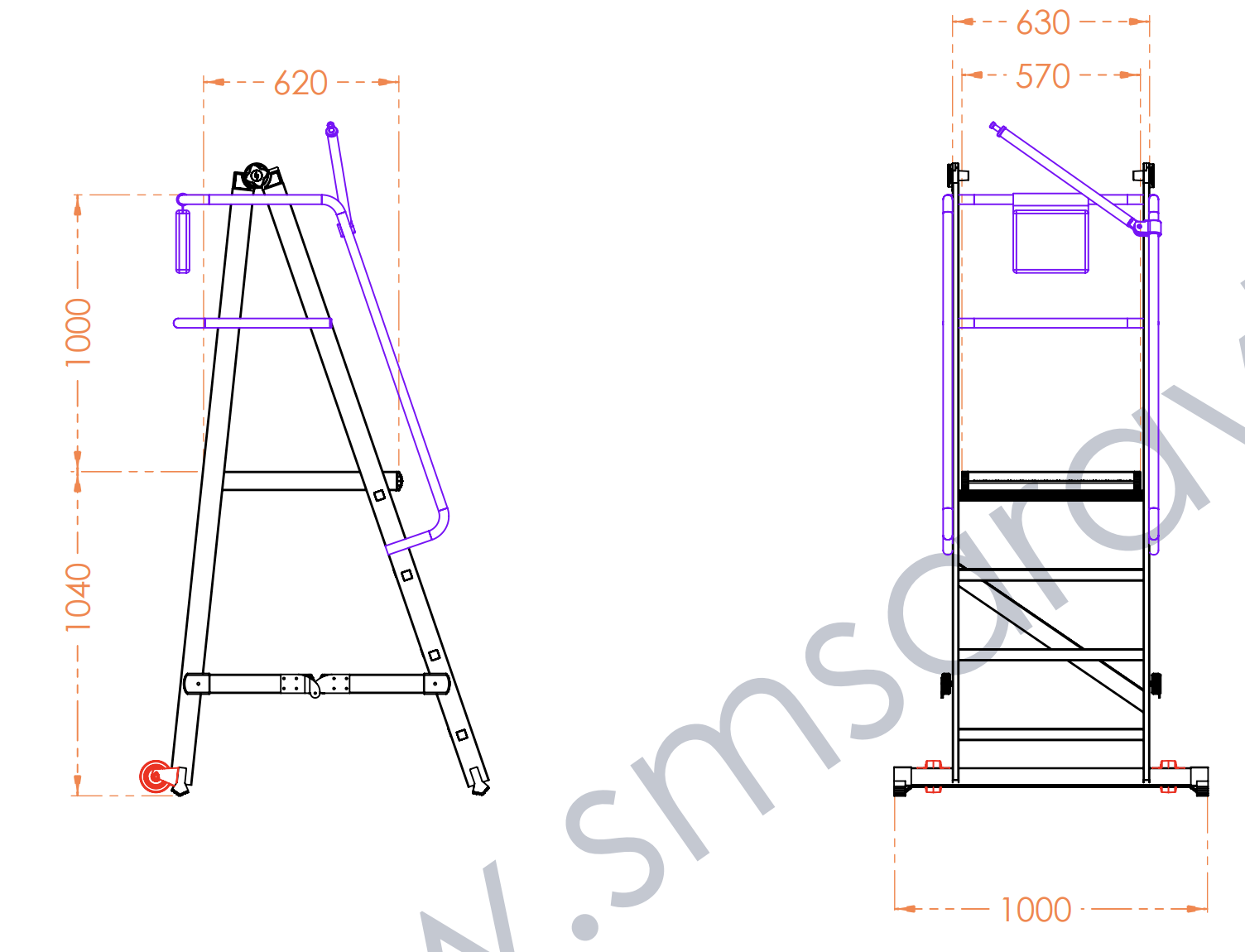 Escabeau à Plateforme roulante Pliable en Aluminium renforcé – 3 marches + Plateforme antidérapante (570 x 620 cm), H.104 cm avec Garde-Corps de sécurité – SARAYLI 8103 – Image 5