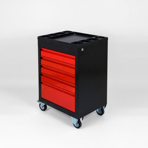 Servante d’atelier Pro 5 tiroirs – Métal renforcé, Noir/Rouge verrouillage central, roues pivotantes freinées, bac de rangement ABS – LPP K’PAK