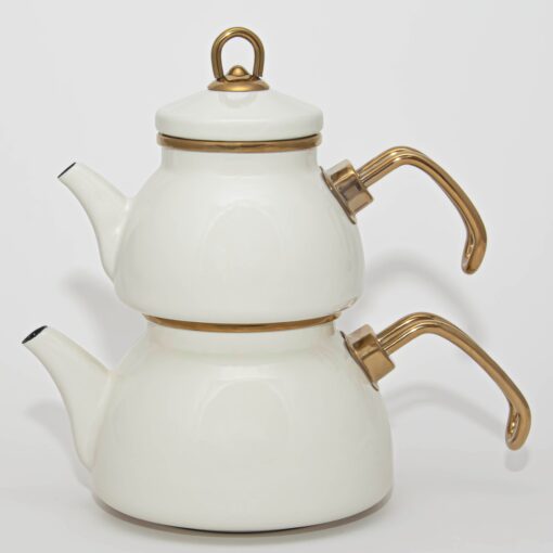 Théière Turque Mini 0,5 L avec Bouilloire 1,1 L en Acier Émaillé beige – Design Rétro – Compatible Induction – Idéale pour l’Infusion du Thé – LPP GRANDEUR 10