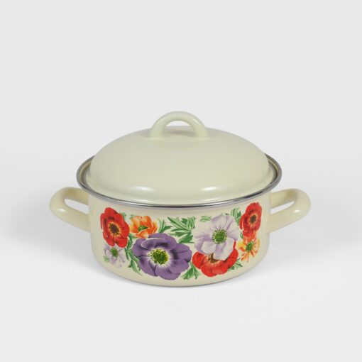 Casserole Haute 16 cm – 2 L en Acier Émaillé avec Couvercle, Décor Floral – Compatible Tous Feux, Induction – LPP GRANDEUR 03