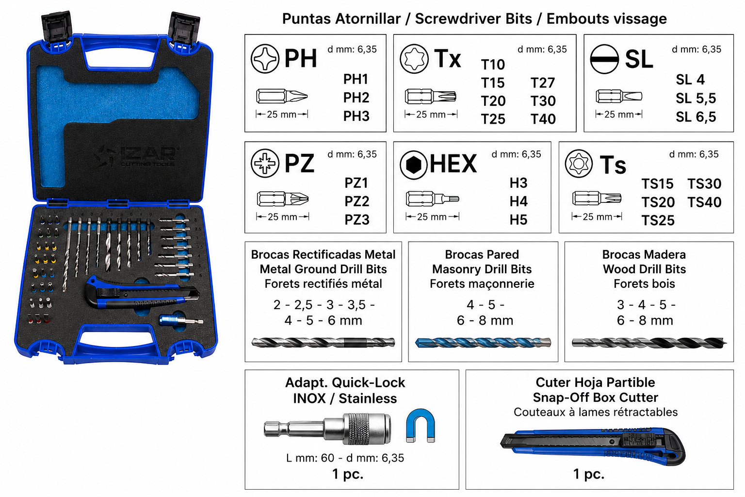 Coffret de 42 pièces embouts de vissage et forets queue HEX E6.3 avec porte-embout Quick-Lock - IZAR 79873 – Image 2